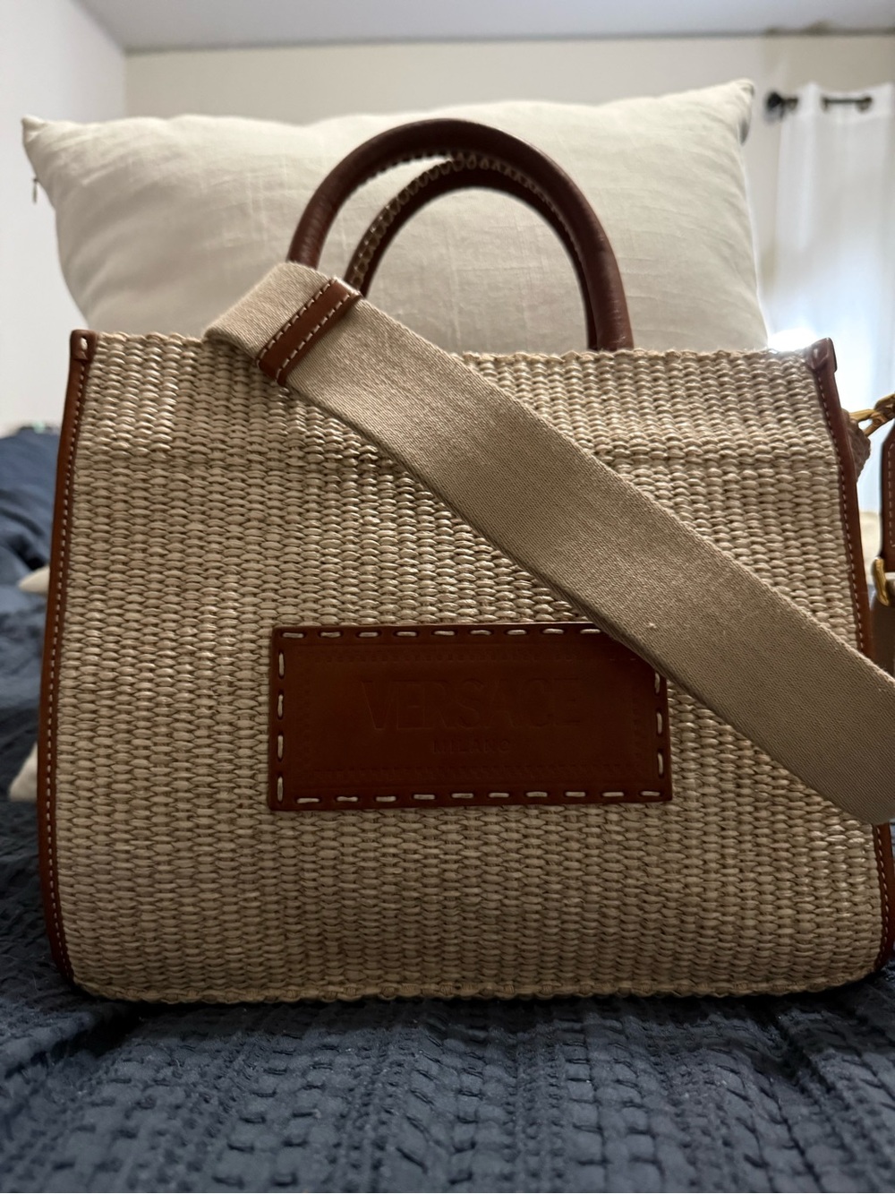 Versace Athena Tote - Small  Woven Crossbody with Brown Leather Trim